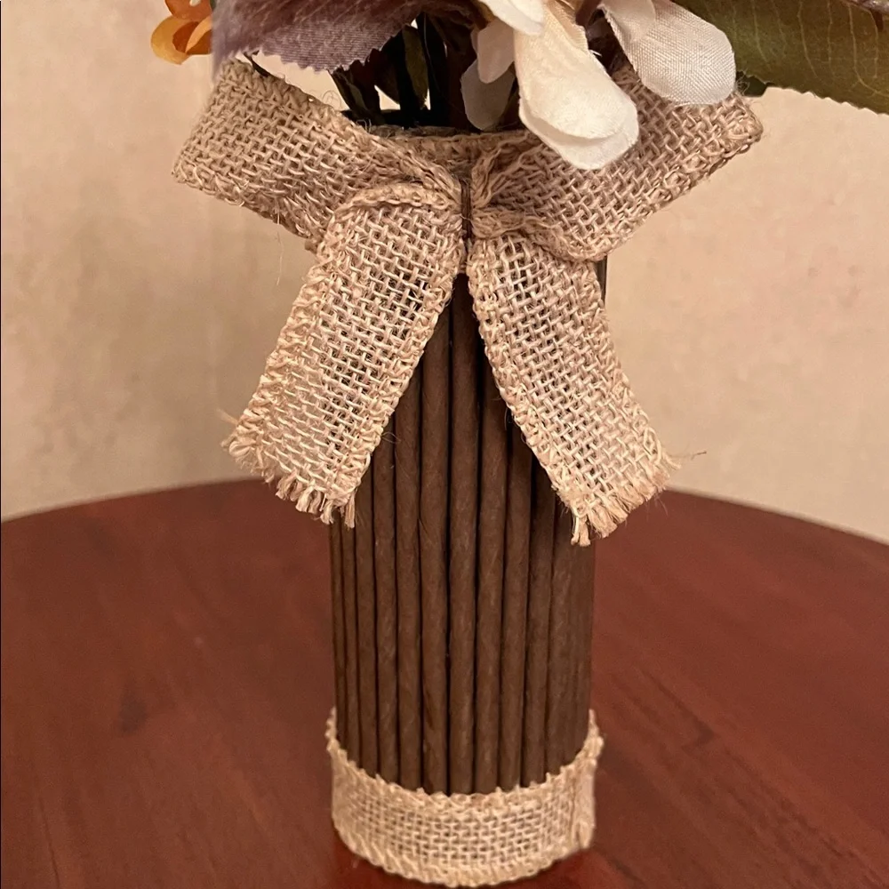 15” Rustic Fall Floral Arrangement in Twig Vase with Burlap Accent – NEW